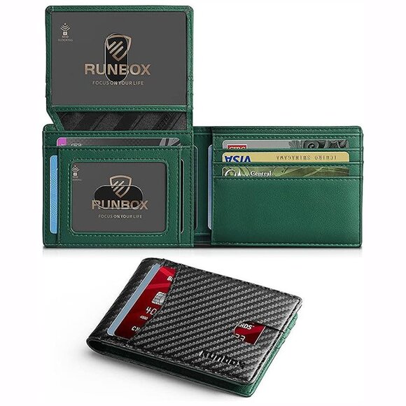 Wallet for Men Slim Rfid Leather 2 ID Window Carbon black&green-new